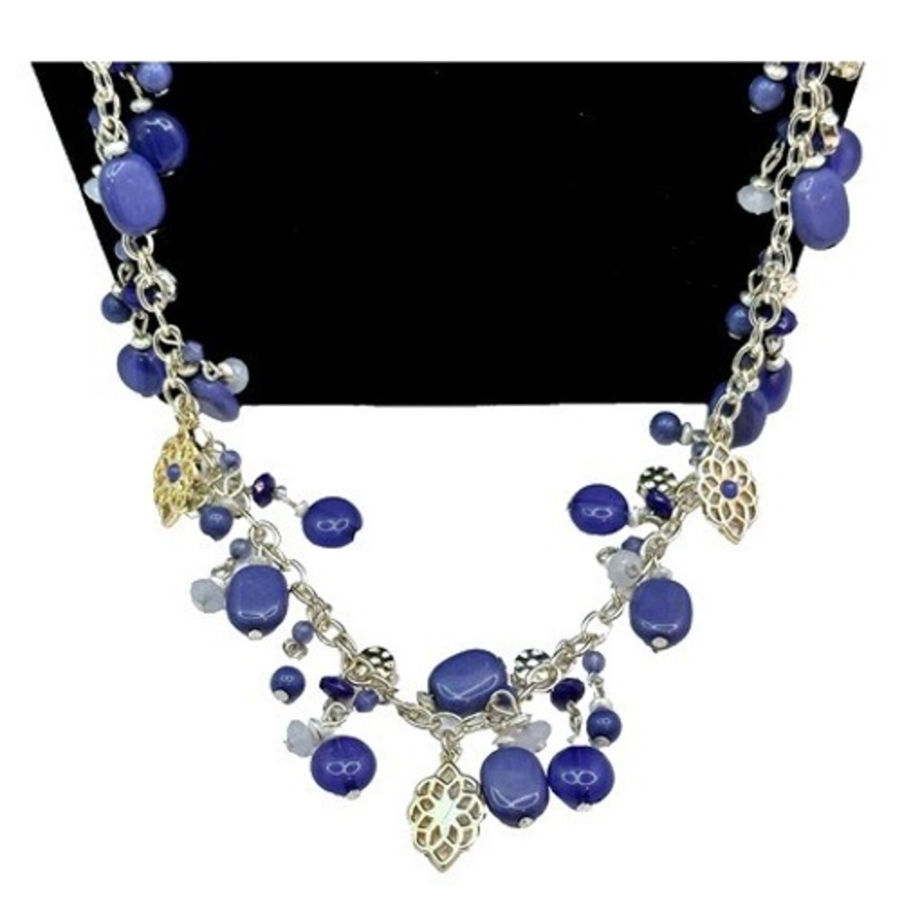 Chaps Silver Tone Blue Purple Beaded Cluster Statement Necklace Filigree Charms